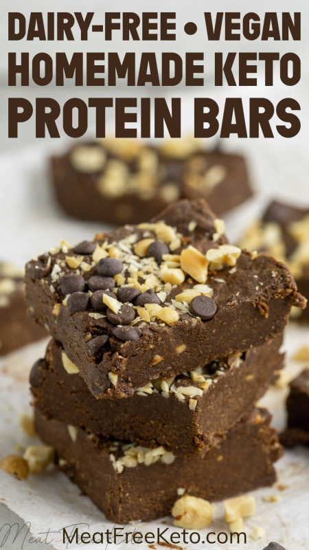 a stack of vegan keto peanut butter chocolate protein bars, showing the texture and garnish with text for pinterest